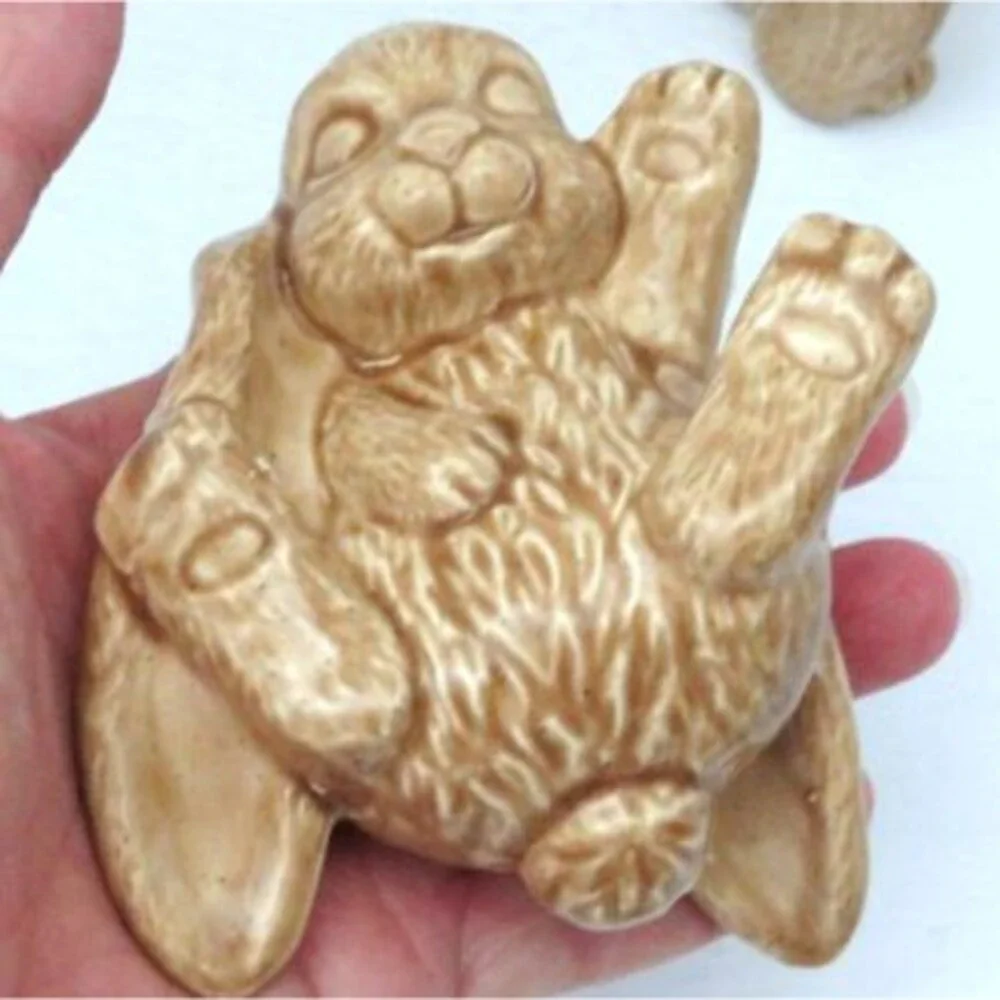 Handmade Ceramic Bunny Figurines Tan Glossy Finish Set of 2